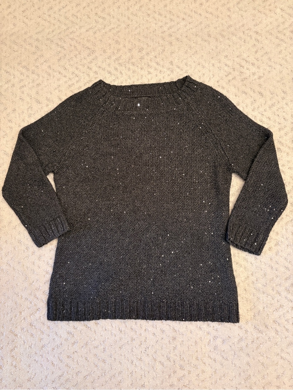 Talbots Wool Blend Crewneck Sweater Size M Dark Grey Sparkle Sequins Festive